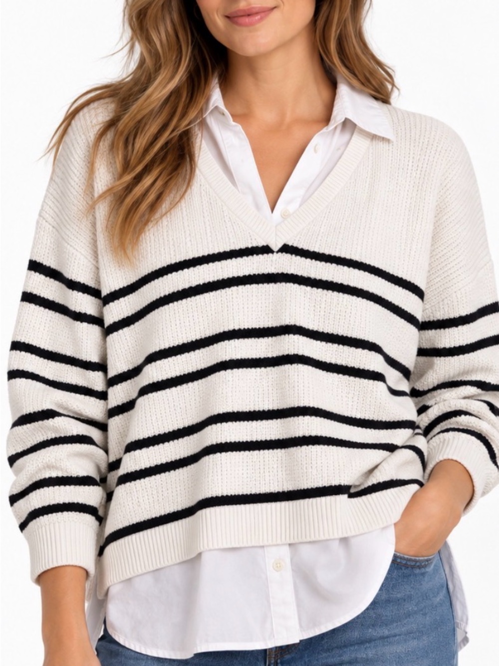 Adrianna Papell L Black White Striped Layered V Neck Sweater Shirt